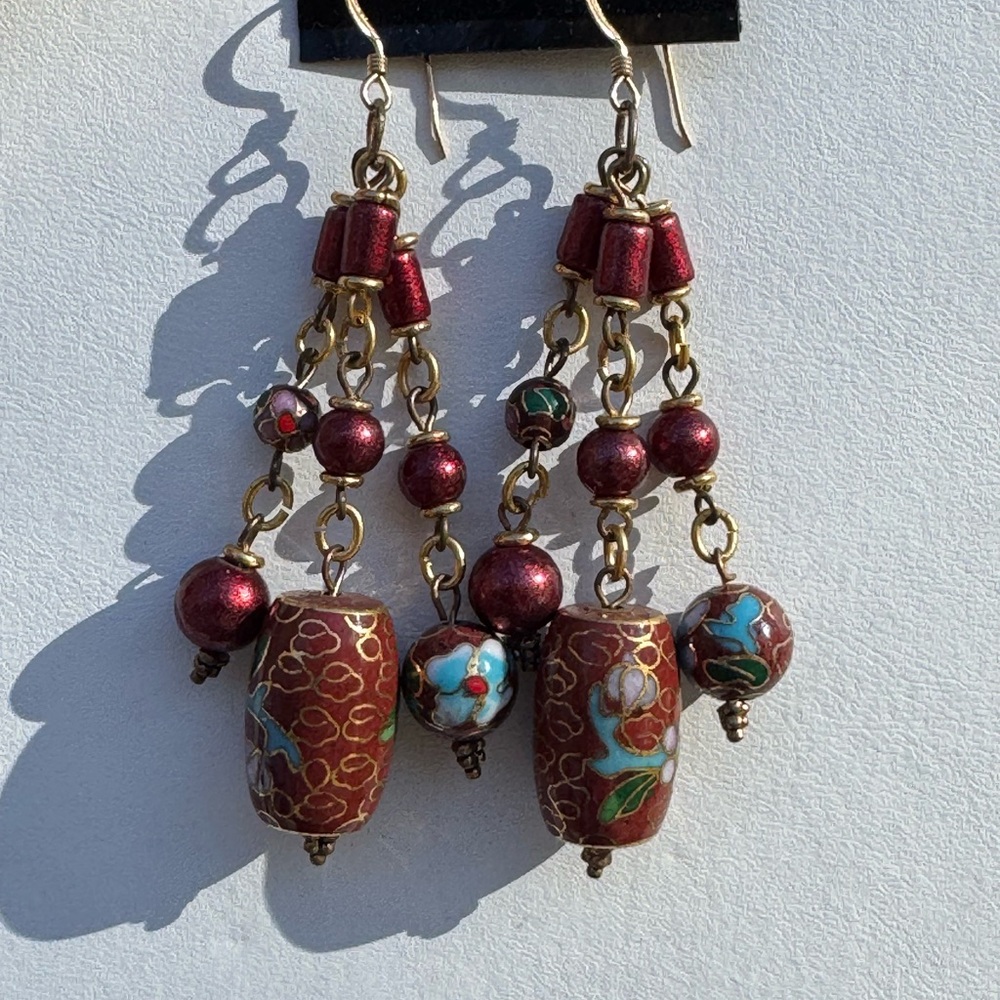 14k Gold Filled Cloisonné Multi Strand Chinese Dangle Drop earrings